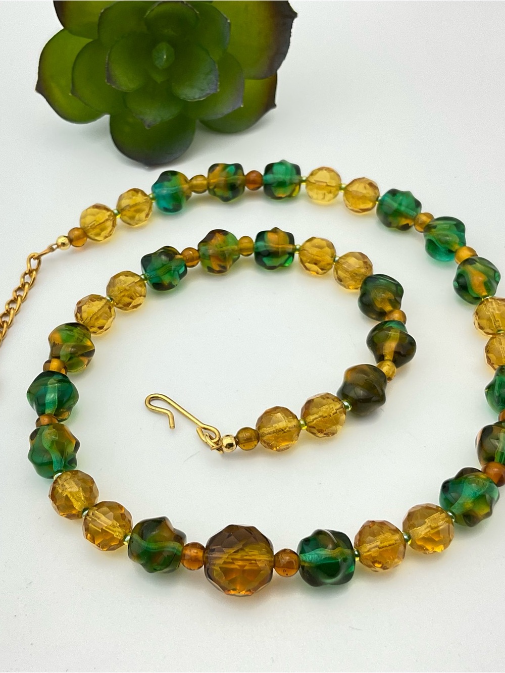 Artisan Vintage Glass Bead Necklace in Teal, Green and Gold; MCM Beads, Handmade